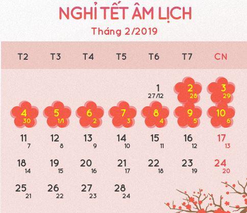 lịch nghỉ tết 2019